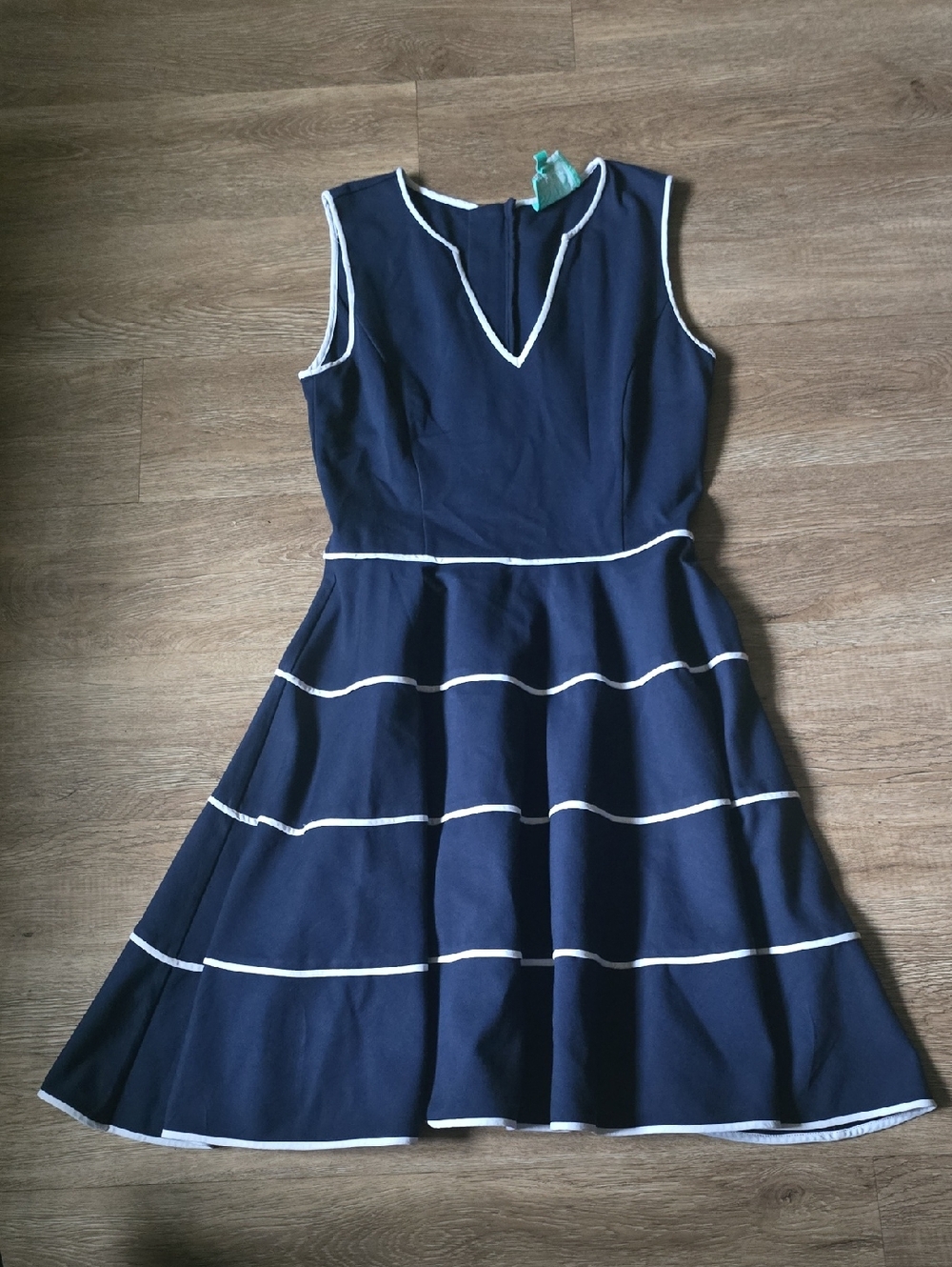 Navy Sleeveless Fit-and-Flare Dress with White Trim